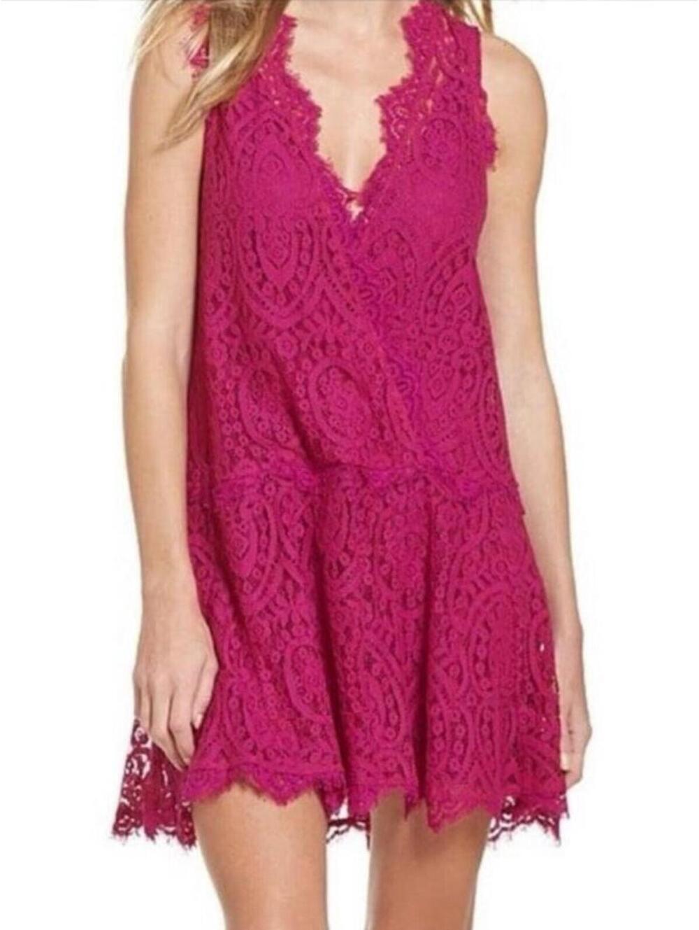 Free People Magenta Lace Mini Dress NWT XL Bright Orchid Boho Festival